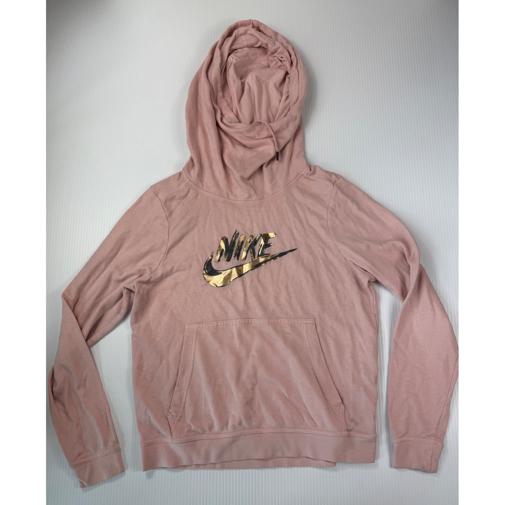 Nike Hoodie Pullover Sweatshirt Gold Logo Athleisure Comfy Pink Size S